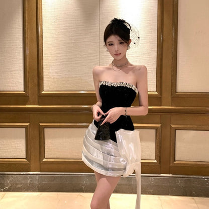 Light-luxury Niche Waist-cinching Contrast-color Sequin Dress
