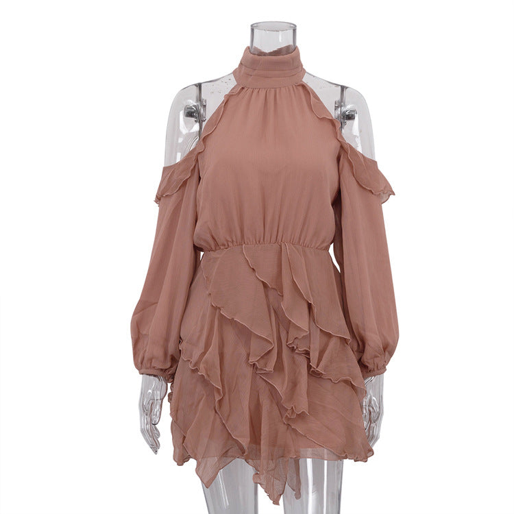Elegant Chiffon Halterneck Off-shoulder Long-sleeve High-waisted A-line Dress