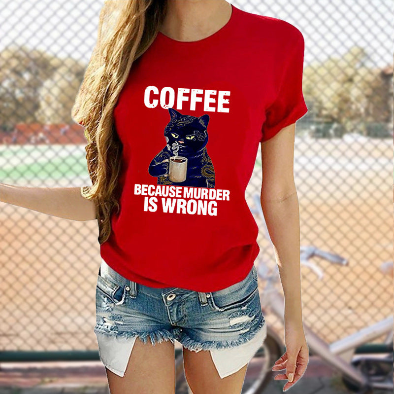 Cat Cute Print T-shirt Round Neck Short Sleeve Top
