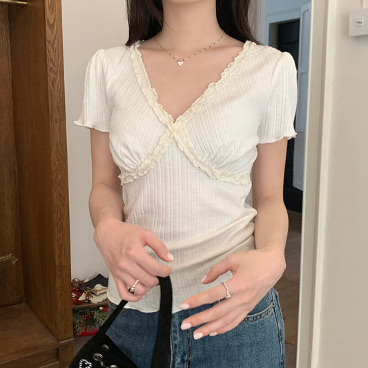 Women's Lace V-neck Short-sleeved T-shirt Slim-fit Crop-top