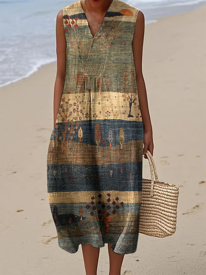 Womens Fashionable V-Neck Sleeveless Printed Dress