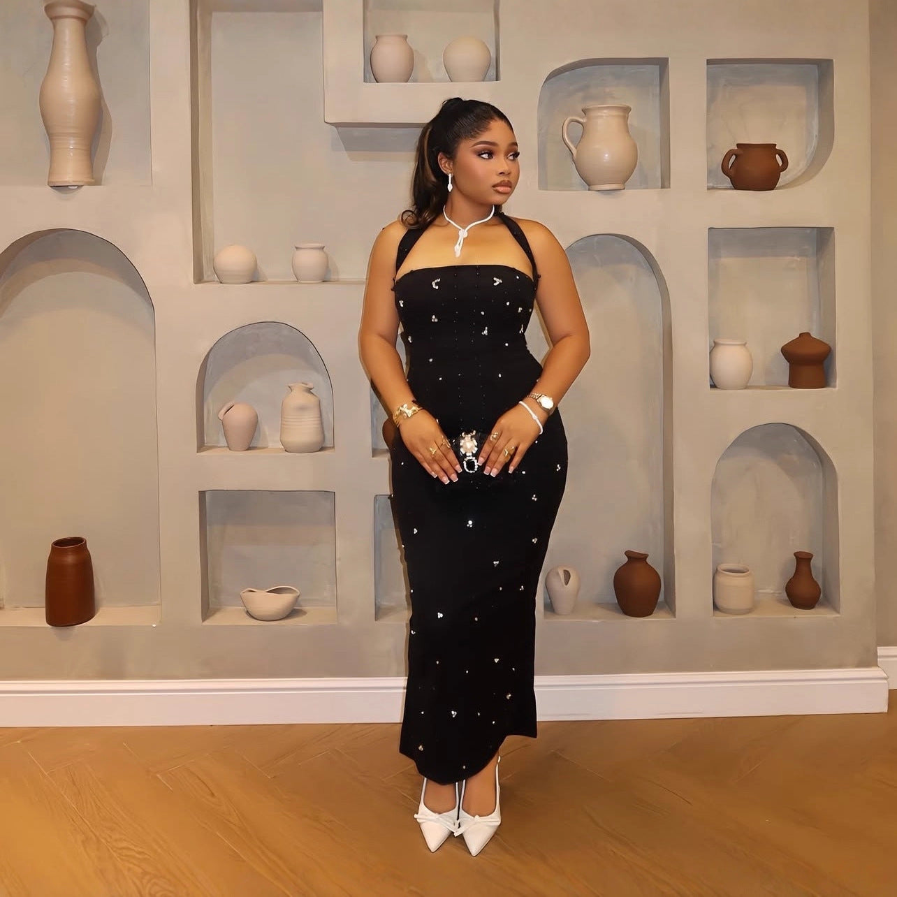 New Elegant Off-the-shoulder Halterneck Dress With Rhinestone Detailing