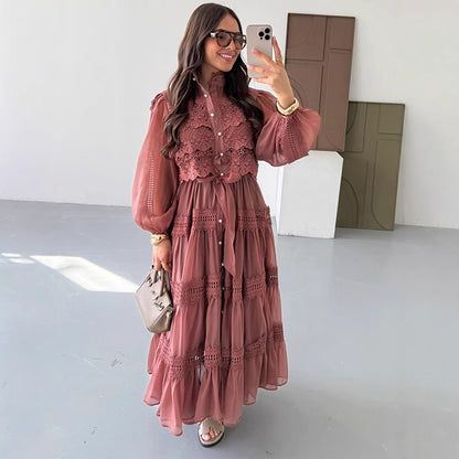 Long-sleeve Hollow-out Mesh Patchwork Dress With Lantern Sleeves