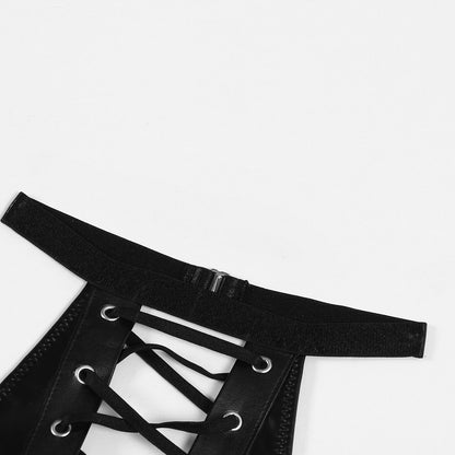 Fabric Leather Splicing Mesh Cross Strap Underwear Suit