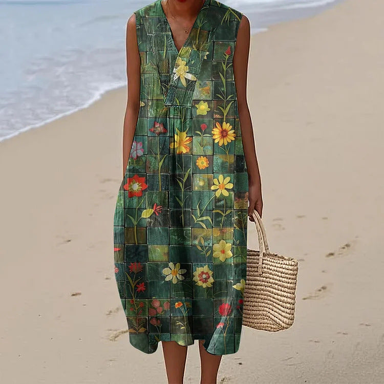 Womens Fashionable V-Neck Sleeveless Printed Dress