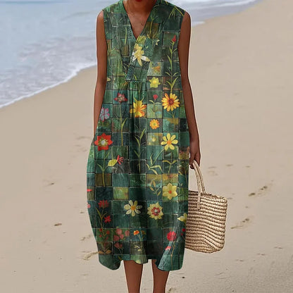 Womens Fashionable V-Neck Sleeveless Printed Dress