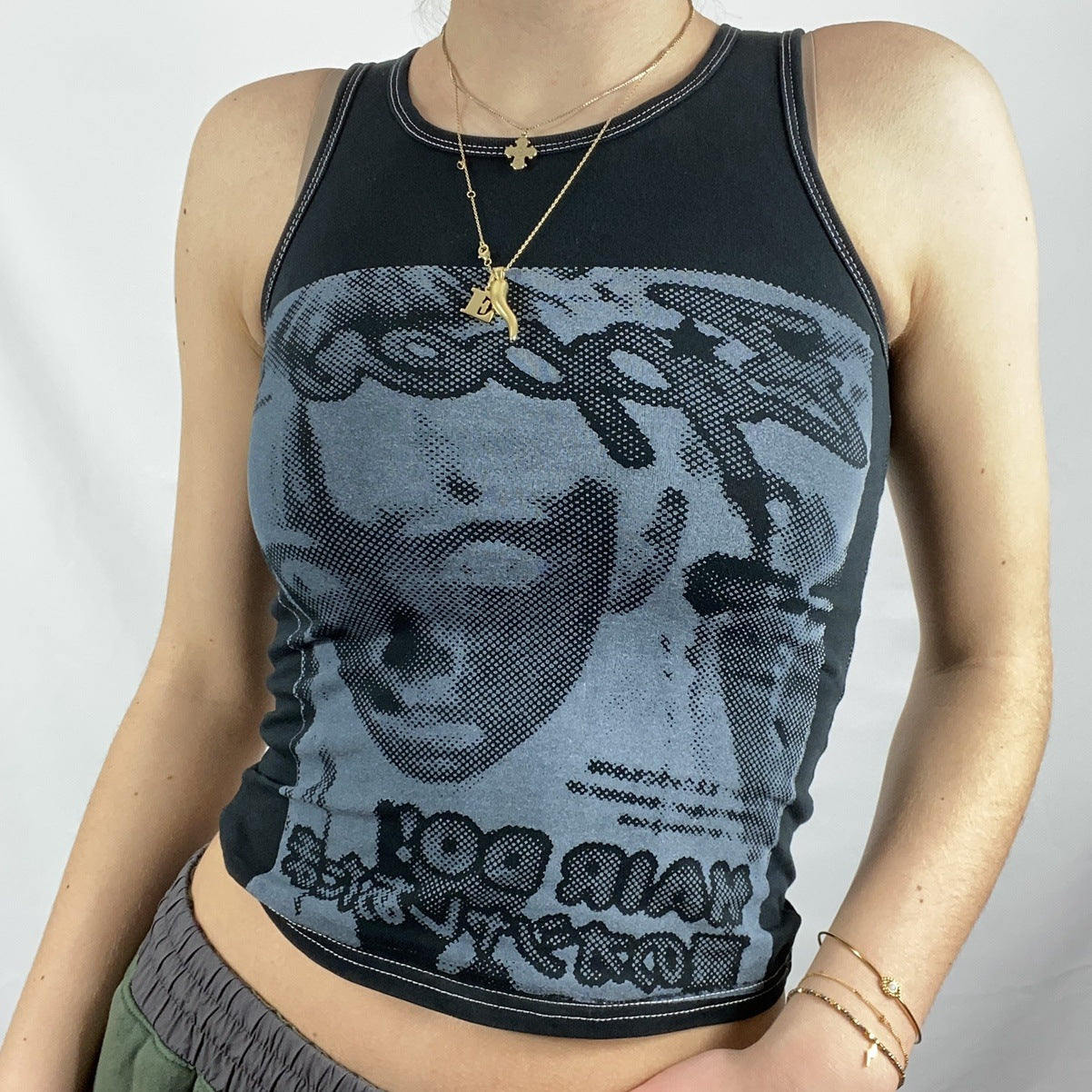 Beauty Portrait Print Fashion Round Neck Sleeveless Vest Casual Navel Cropped Top