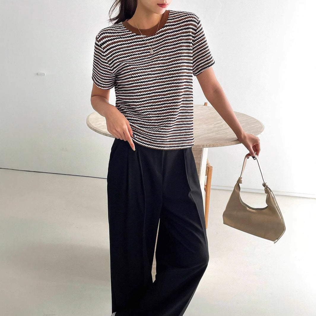 Casual Women's Color-contrast Check Round Neck Short Sleeve