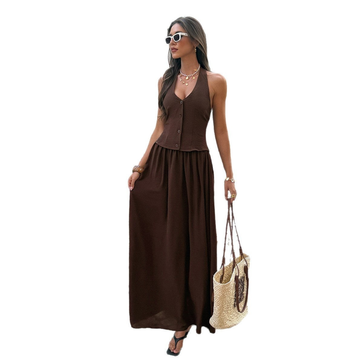 Resort-style Halter V-neck Belted Dress