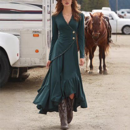 Figure-flattering Long-sleeve Dress With An Asymmetrical Ruffled Hem