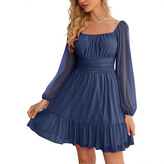 European And American Womens Mesh Long-Sleeve Square-Neck Dress