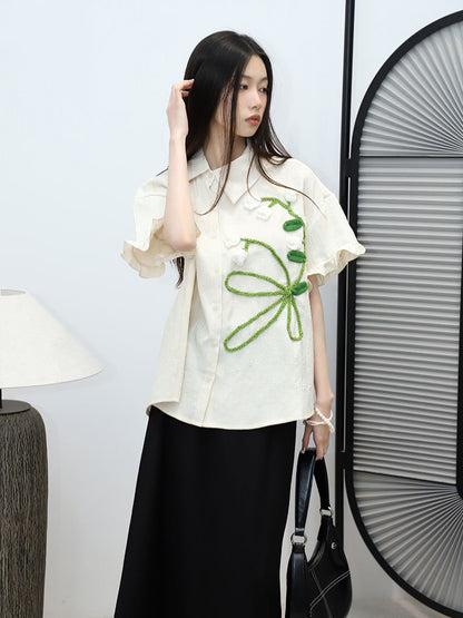Women's Spring Hand-knitted Floral Decorations Short Sleeve Shirt Top