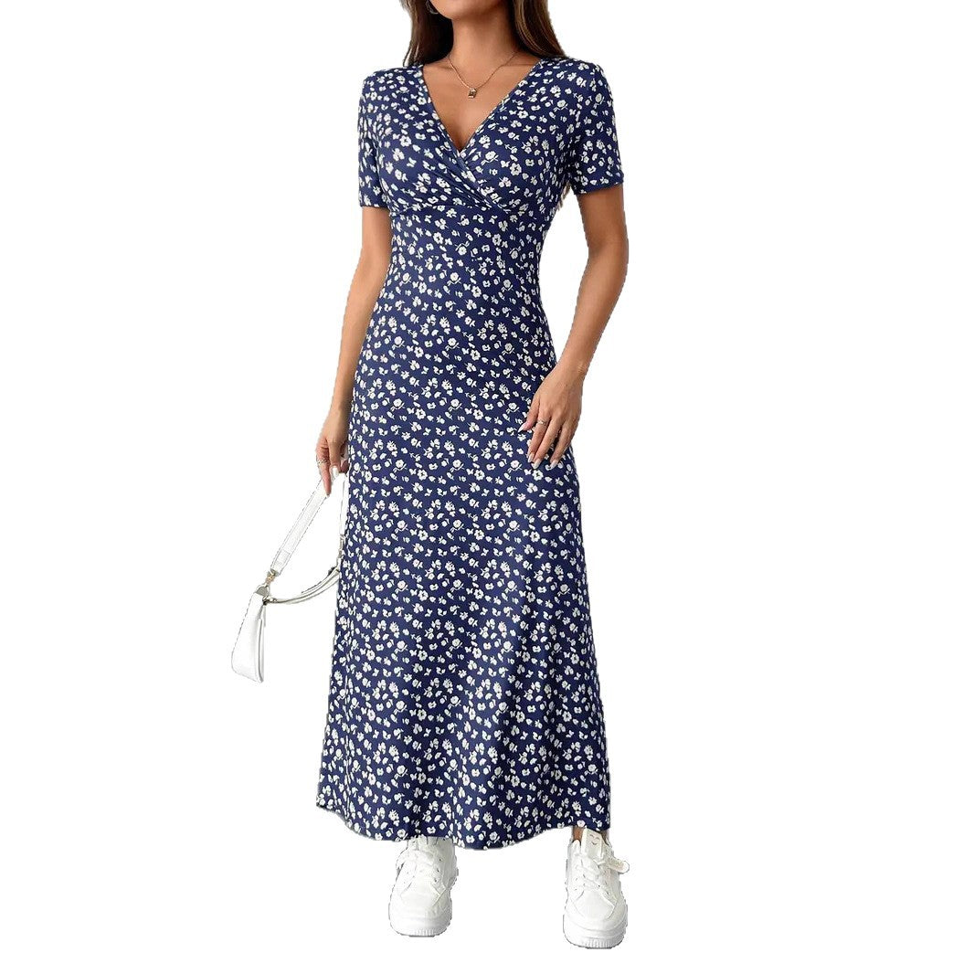 Womens Short-Sleeve Mid-Length Floral V-Neck Dress