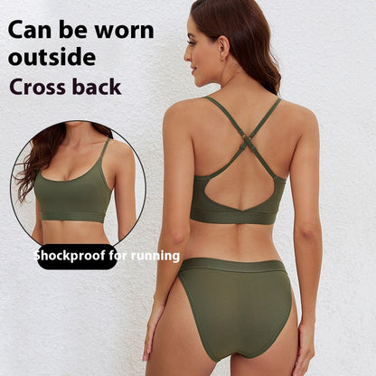 Ice Silk Seamless Bra Set Women's Sling Cross Beauty Back Yoga Underwear