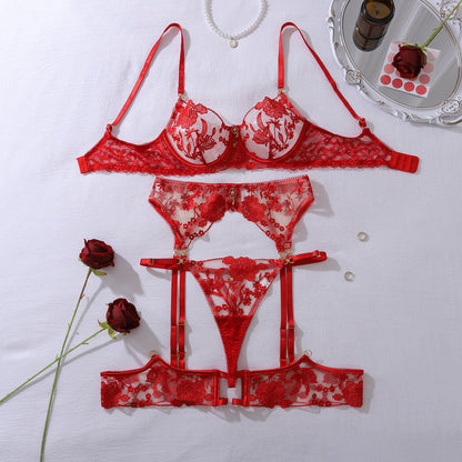 Gem Decoration Heavy Craft Rose Embroidered Slim Shaping Underwear Split Suit