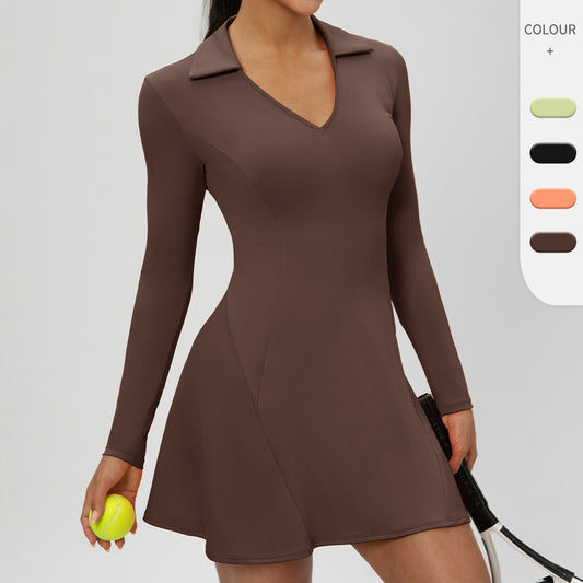 European And American-style Long-sleeve Lapel V-neck Sporty Casual Dress
