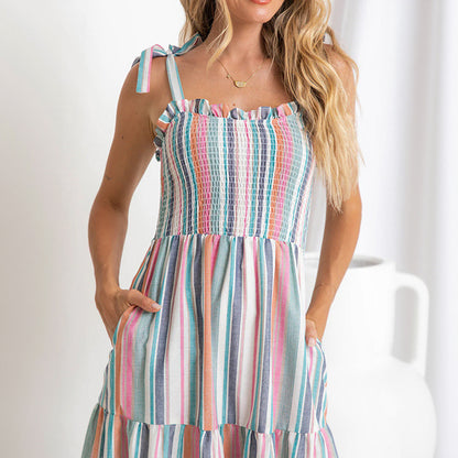 Strappy Rainbow Color-Block Striped Slip Dress