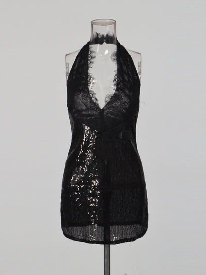 Fashionable Neck Hanging Sequin Waist Cinching Short Dress
