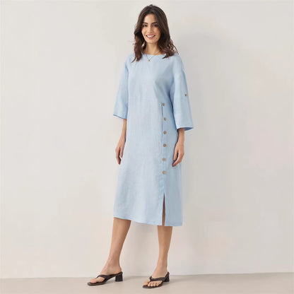 Casual Cotton-Linen Dress With Buttoned Slit And Round Neck