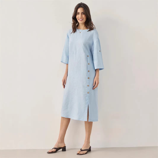 Casual Cotton-Linen Dress With Buttoned Slit And Round Neck