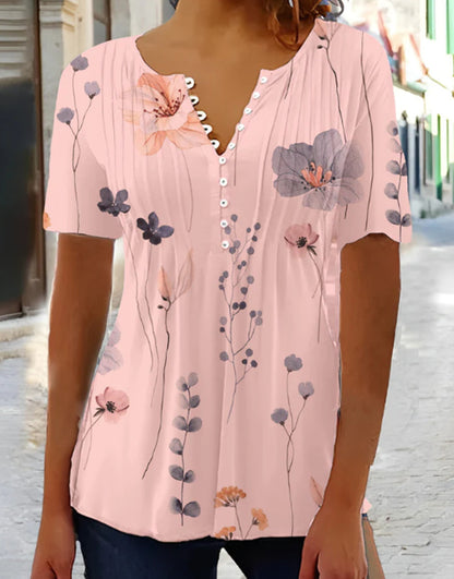 European American Summer New Fashion Printed Casual Short Sleeve Pleated Breasted T-shirt For Women