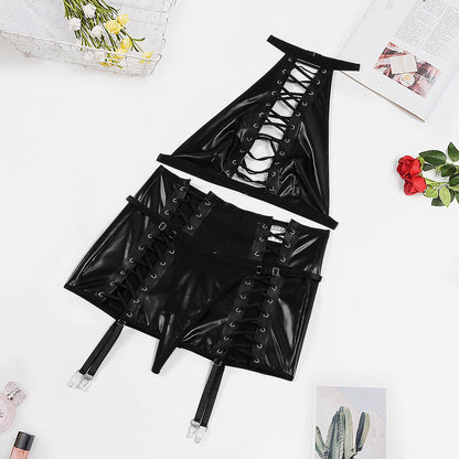 Fabric Leather Splicing Mesh Cross Strap Underwear Suit