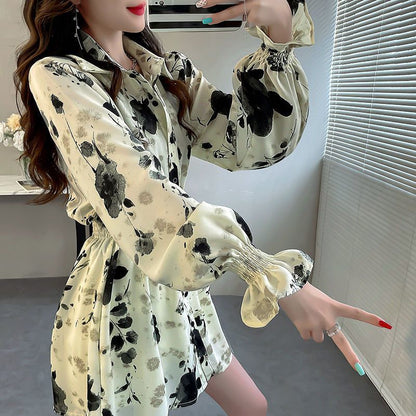 Womens Stylish Long Blouse With Floral Print And Flared Sleeves