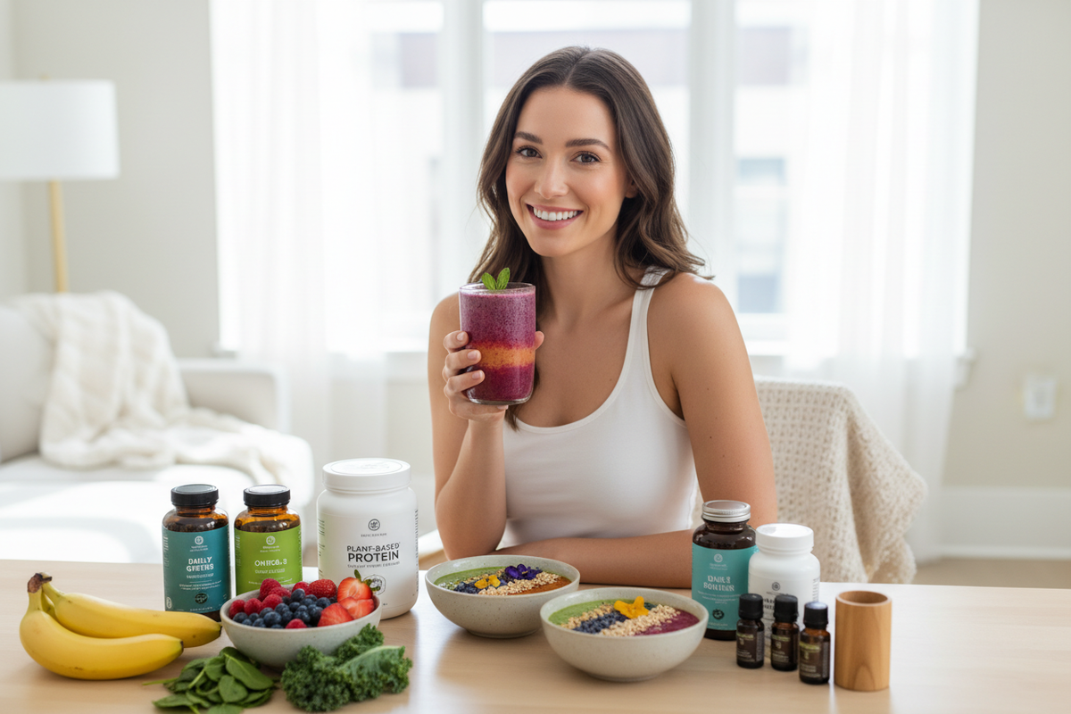 Healt care trough smoothies and health care products show of by a model